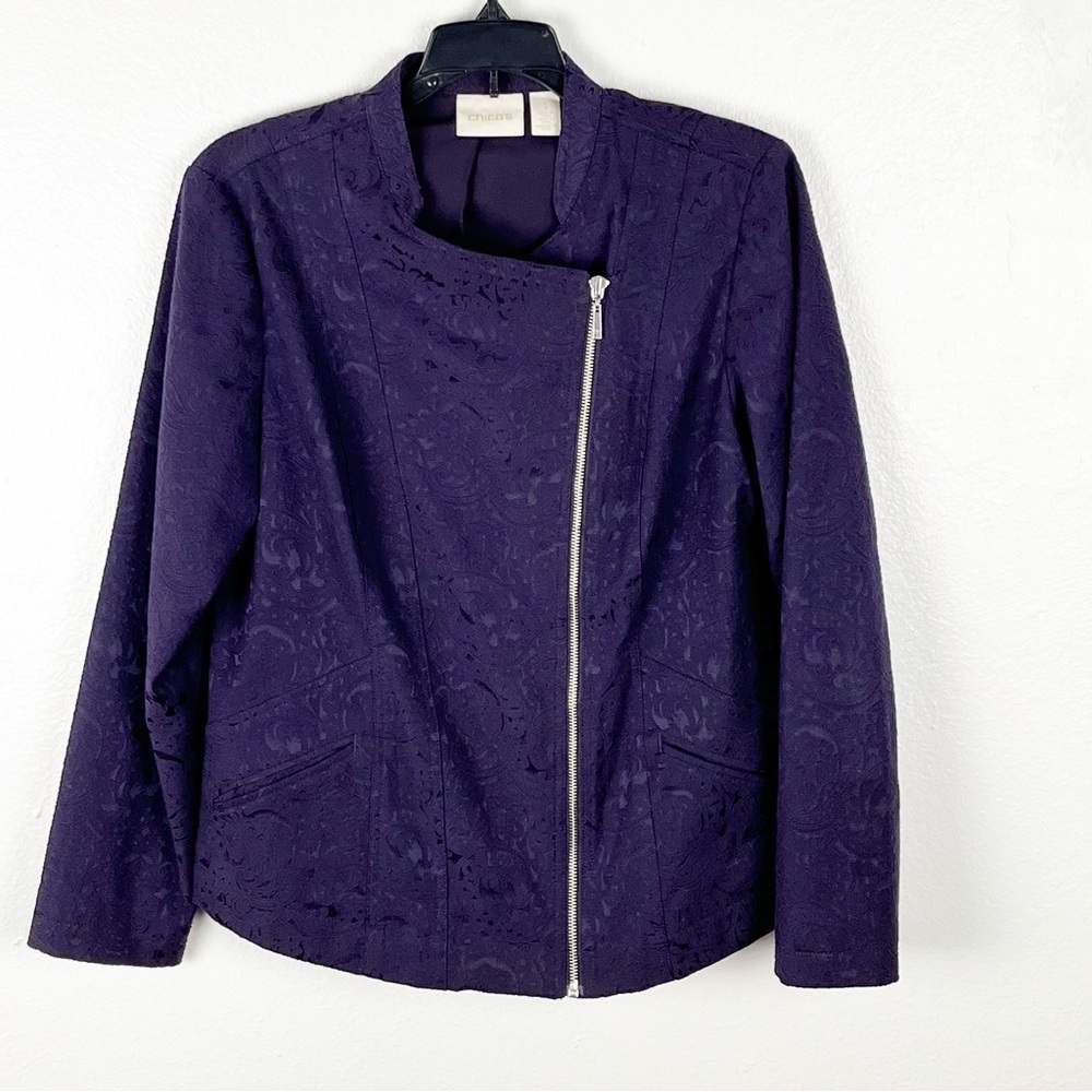 CHICO’S Purple Paisley Print Moto Zipper Long Sleeves Lined Jacket, Size Medium